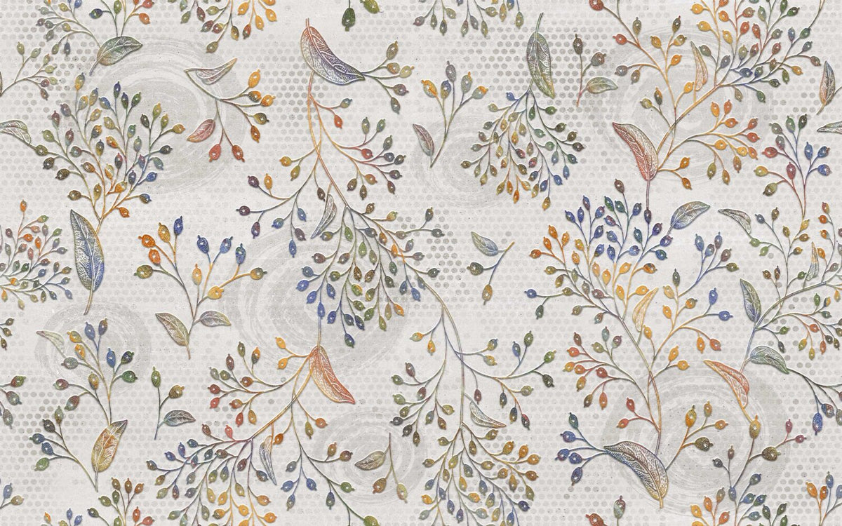 Colorful Leaf Branch Wallpaper : Folk Botanical Pattern Mural - flat design