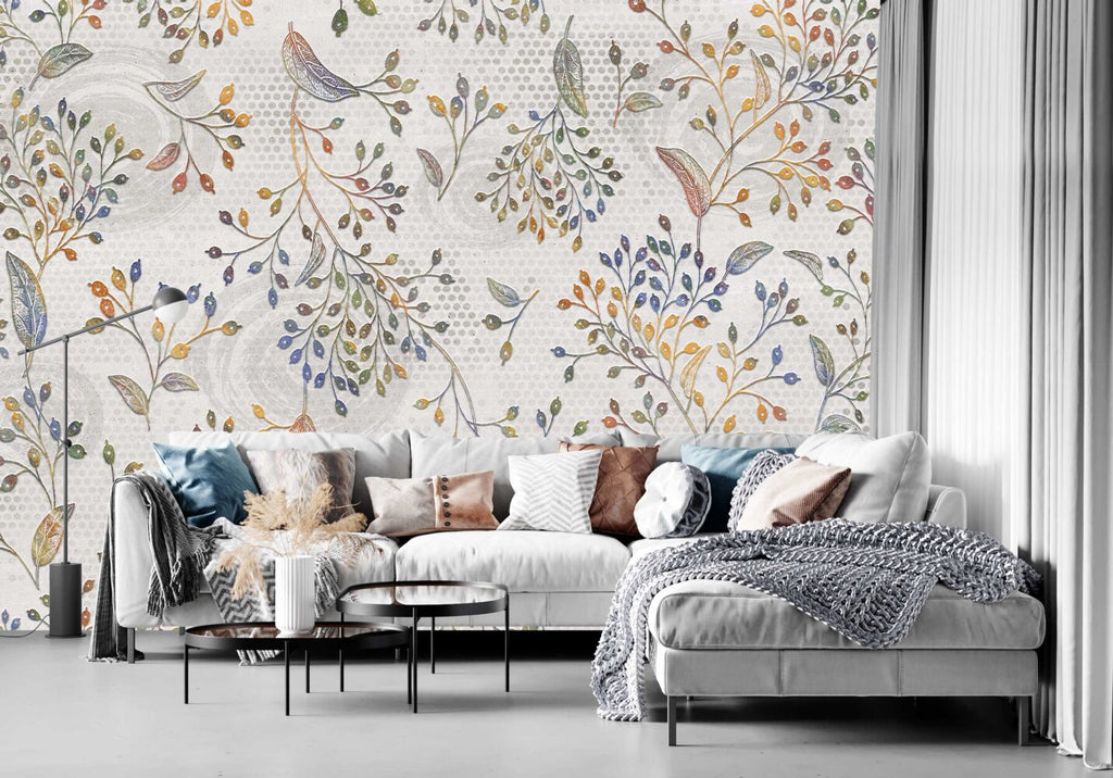 Colorful Leaf Branch Wallpaper : Folk Botanical Pattern Mural - View 2