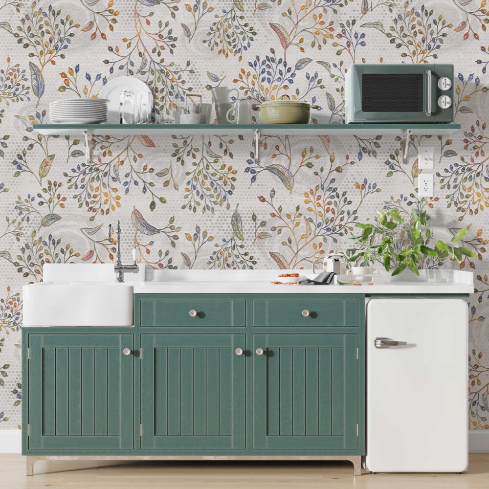 Colorful Leaf Branch Wallpaper : Folk Botanical Pattern Mural - View 3