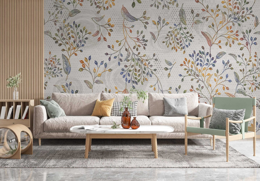 Colorful Leaf Branch Wallpaper : Folk Botanical Pattern Mural - View 4