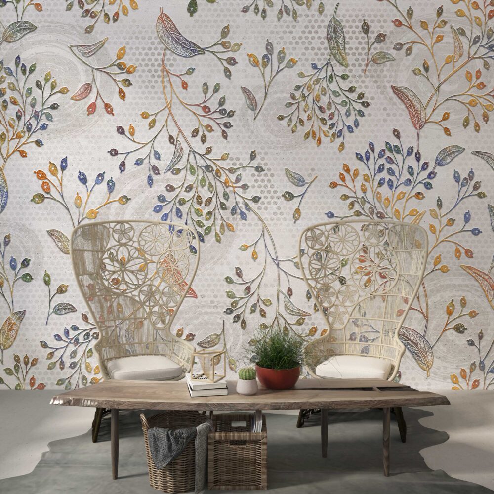 Colorful Leaf Branch Wallpaper : Folk Botanical Pattern Mural