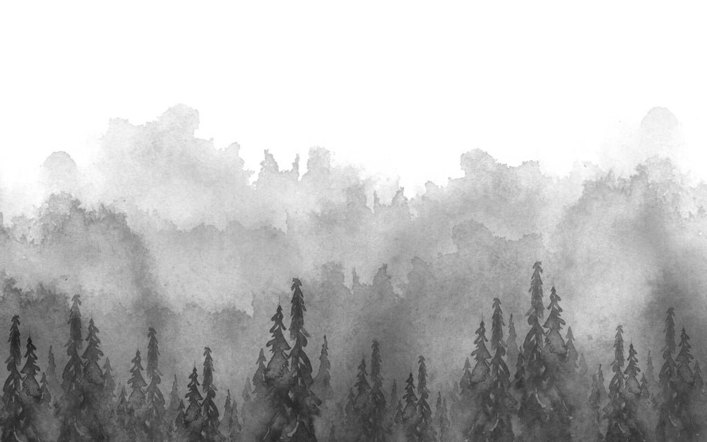 Misty Pine Forest Wallpaper : Grey Watercolor Treeline Mural - flat design
