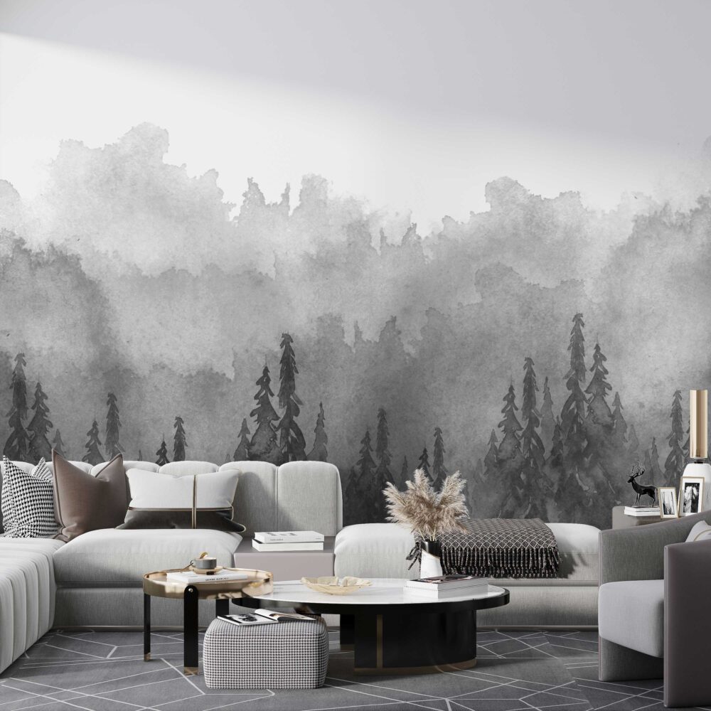 Misty Pine Forest Wallpaper : Grey Watercolor Treeline Mural - View 2