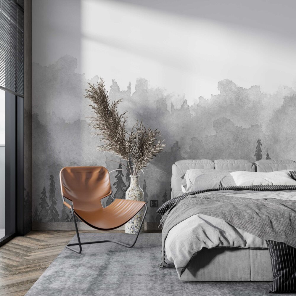 Misty Pine Forest Wallpaper : Grey Watercolor Treeline Mural - View 3