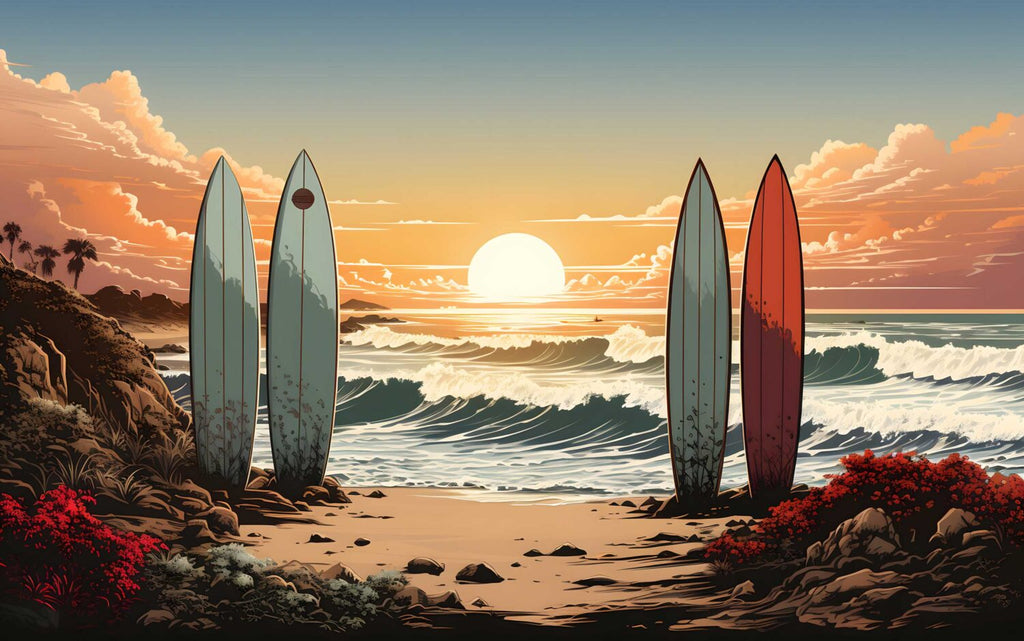 Surfboard Sunset Wallpaper : Beach and Ocean Waves Mural - flat design