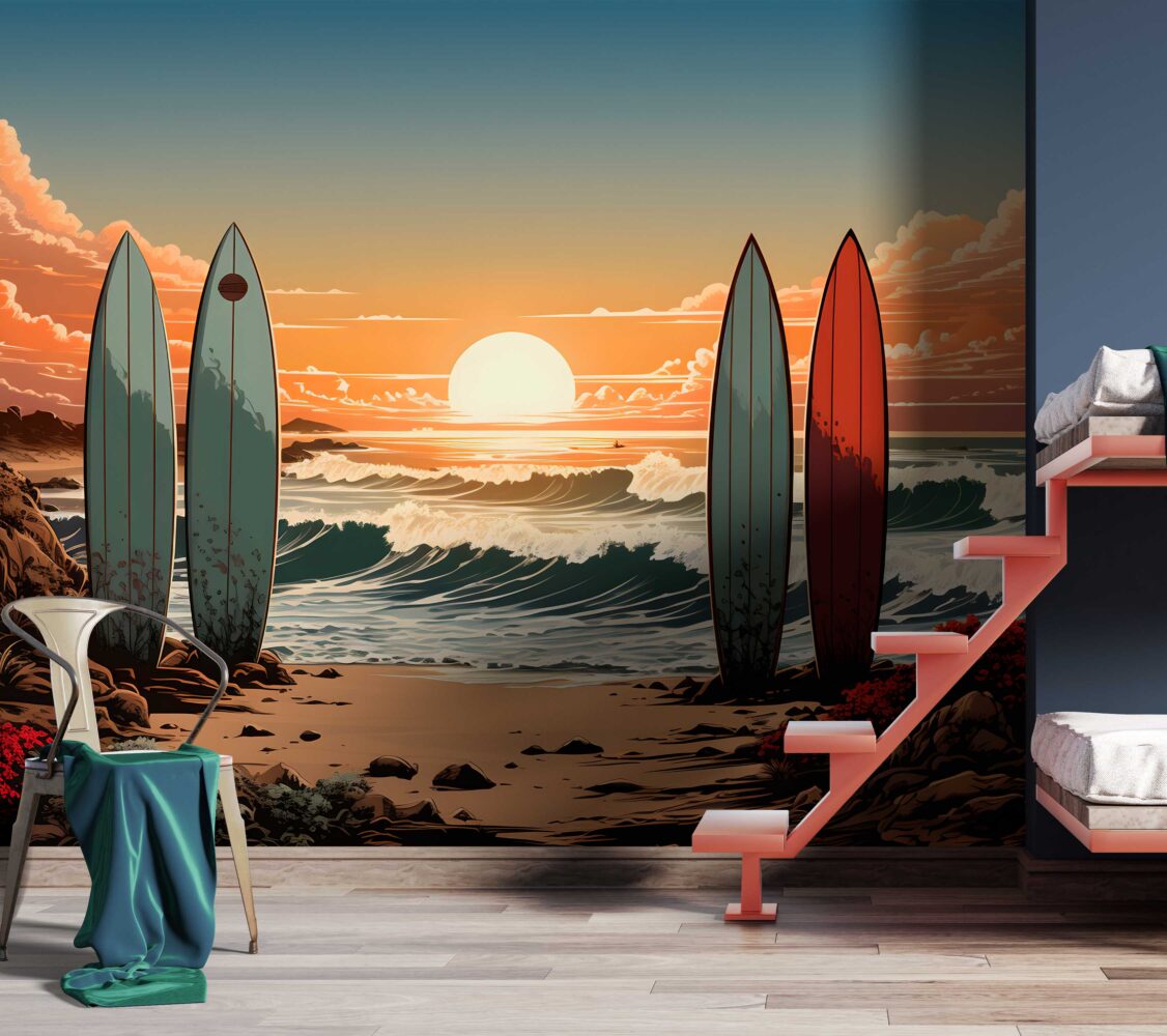 Surfboard Sunset Wallpaper : Beach and Ocean Waves Mural - View 2