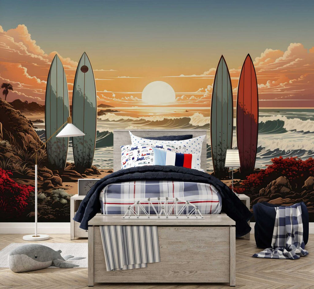 Surfboard Sunset Wallpaper : Beach and Ocean Waves Mural - View 3
