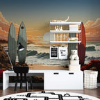 Surfboard Sunset Wallpaper : Beach and Ocean Waves Mural