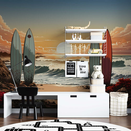 Surfboard Sunset Wallpaper : Beach and Ocean Waves Mural