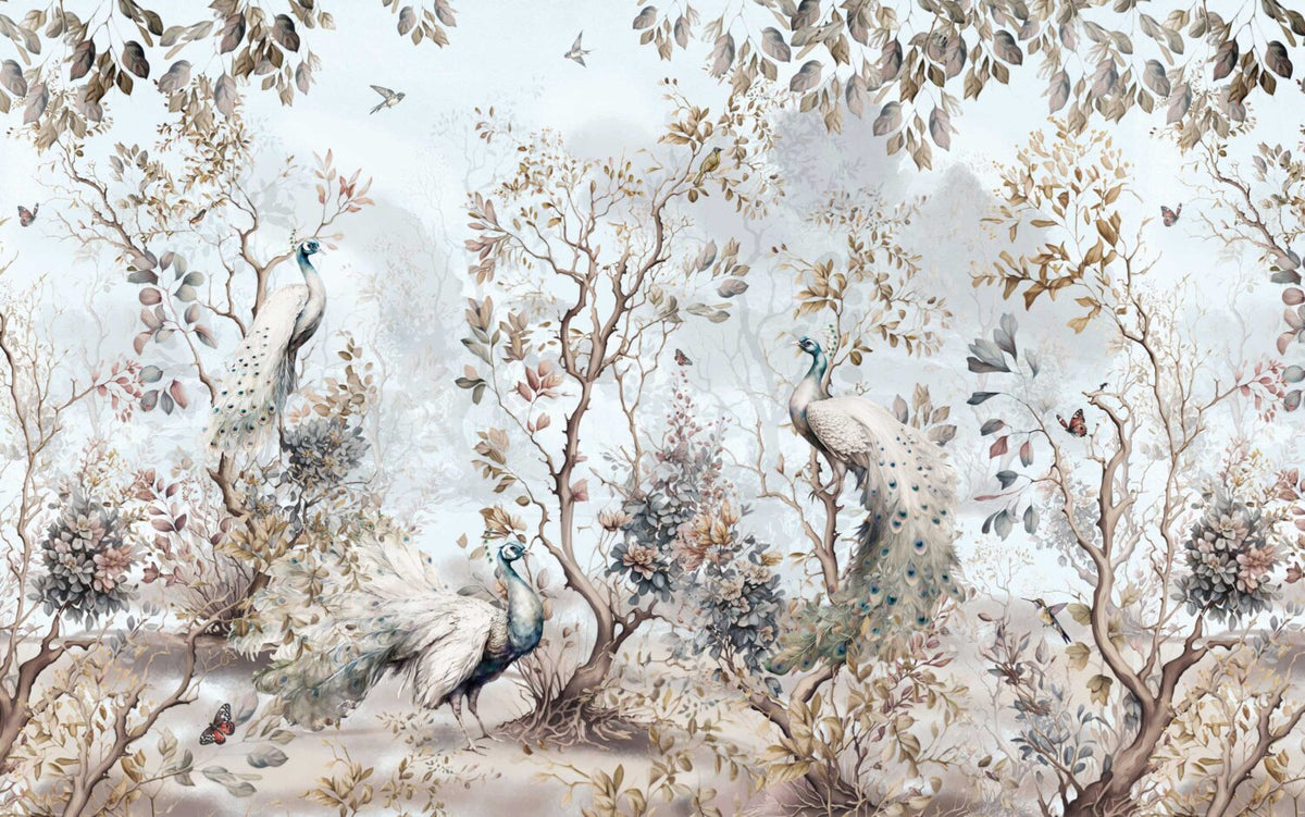 Peacock Garden Wallpaper : Pale Blue Autumn Branches Mural - flat design