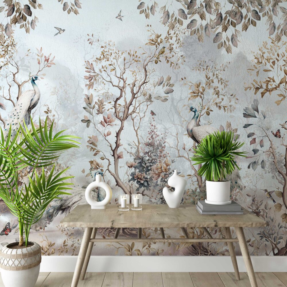 Peacock Garden Wallpaper : Pale Blue Autumn Branches Mural - View 2