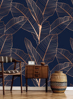 Navy Bronze Leaf Wallpaper : Line Art Tropical Mural - View 3
