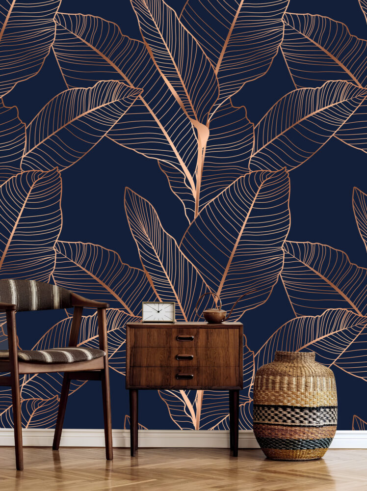 Navy Bronze Leaf Wallpaper : Line Art Tropical Mural - View 3