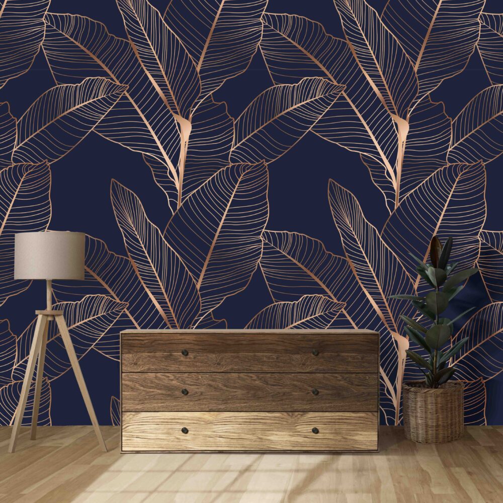 Navy Bronze Leaf Wallpaper : Line Art Tropical Mural - View 4