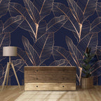 Navy Bronze Leaf Wallpaper : Line Art Tropical Mural - View 4