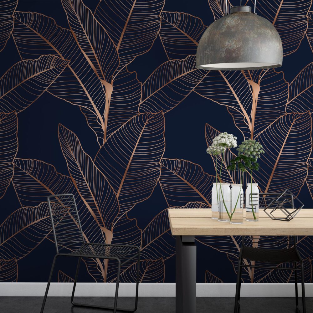 Navy Bronze Leaf Wallpaper : Line Art Tropical Mural - View 5
