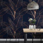 Navy Bronze Leaf Wallpaper : Line Art Tropical Mural - View 5