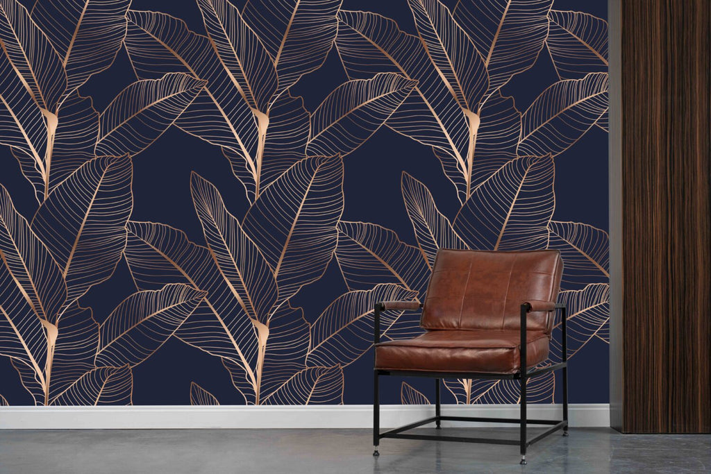 Navy Bronze Leaf Wallpaper : Line Art Tropical Mural - View 6
