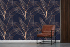 Navy Bronze Leaf Wallpaper : Line Art Tropical Mural - View 6