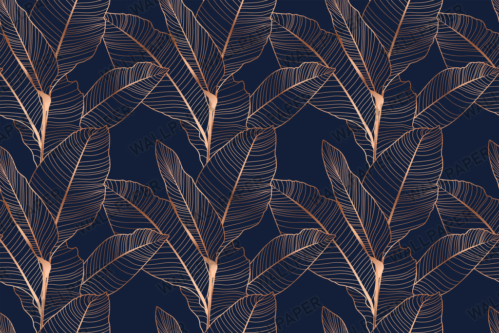 Navy Bronze Leaf Wallpaper : Line Art Tropical Mural - View 2