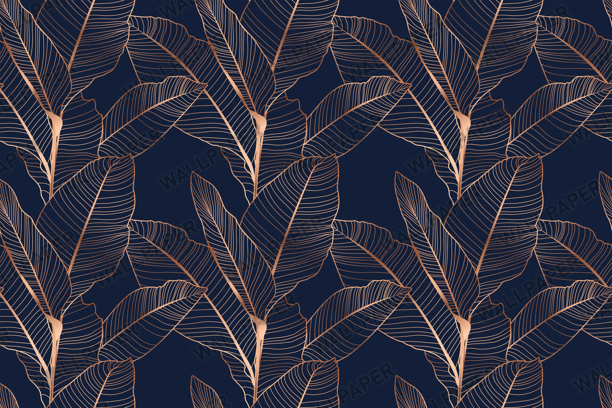 Navy Bronze Leaf Wallpaper : Line Art Tropical Mural - View 2