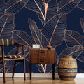 Navy Bronze Leaf Wallpaper : Line Art Tropical Mural