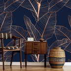 Navy Bronze Leaf Wallpaper : Line Art Tropical Mural
