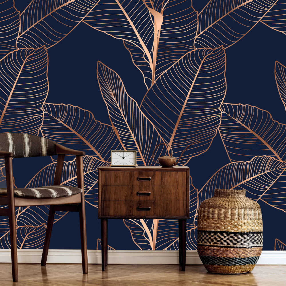 Navy Bronze Leaf Wallpaper : Line Art Tropical Mural