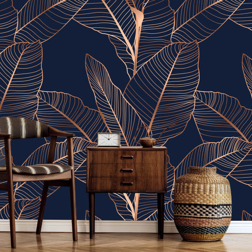 Navy Bronze Leaf Wallpaper : Line Art Tropical Mural