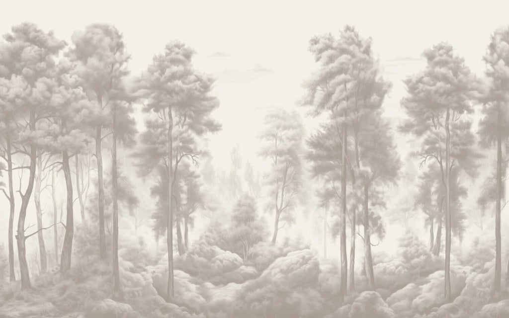 Grey Beech Forest Wallpaper : Misty Tree Silhouette Mural - flat design