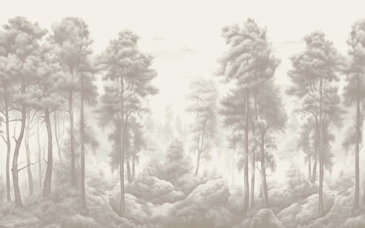 Grey Beech Forest Wallpaper : Misty Tree Silhouette Mural - flat design