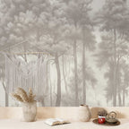 Grey Beech Forest Wallpaper : Misty Tree Silhouette Mural - View 2