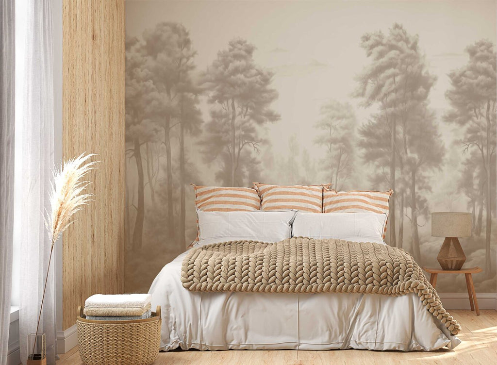 Grey Beech Forest Wallpaper : Misty Tree Silhouette Mural - View 3