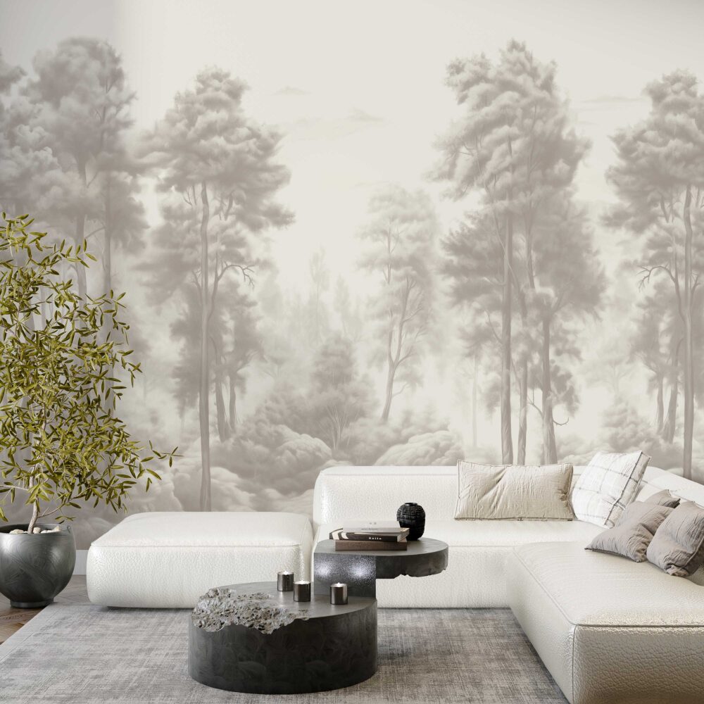 Grey Beech Forest Wallpaper : Misty Tree Silhouette Mural