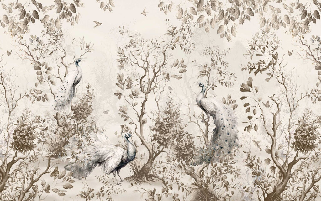 Beige Peacock Wallpaper : Autumn Leaves and Branches Mural - flat design