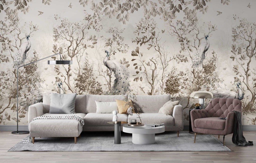 Beige Peacock Wallpaper : Autumn Leaves and Branches Mural - View 2