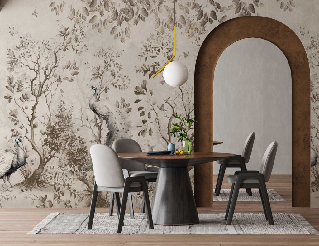 Beige Peacock Wallpaper : Autumn Leaves and Branches Mural - View 3