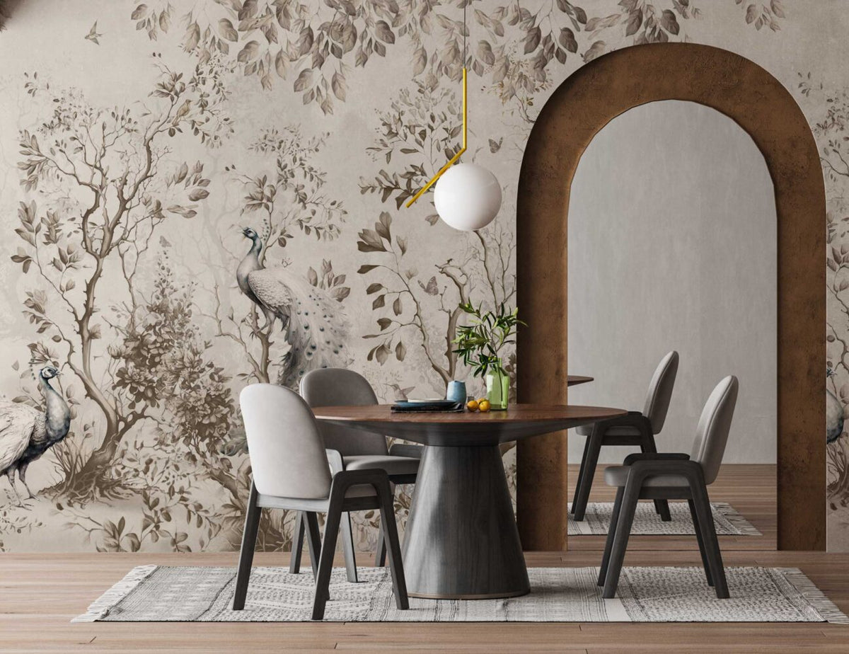 Beige Peacock Wallpaper : Autumn Leaves and Branches Mural - View 3