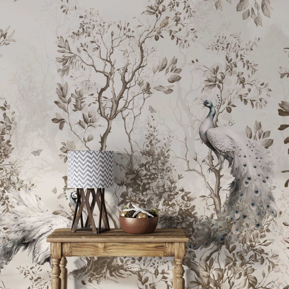 Beige Peacock Wallpaper : Autumn Leaves and Branches Mural