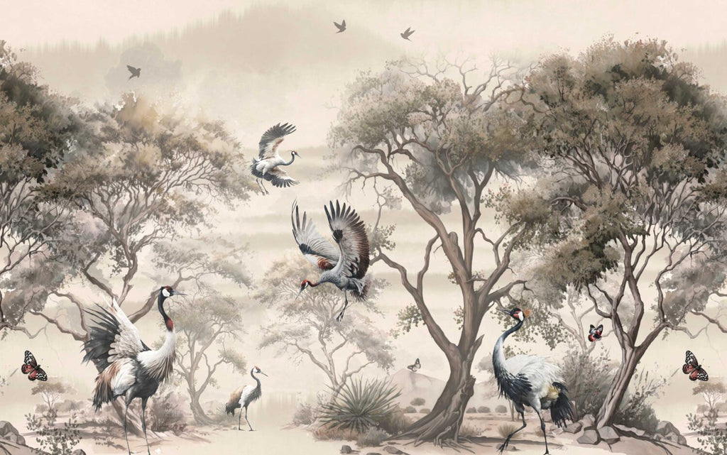 Crane Forest Wallpaper : Sepia Chinoiserie Trees and Birds Mural - flat design