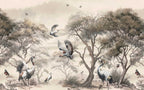 Crane Forest Wallpaper : Sepia Chinoiserie Trees and Birds Mural - flat design