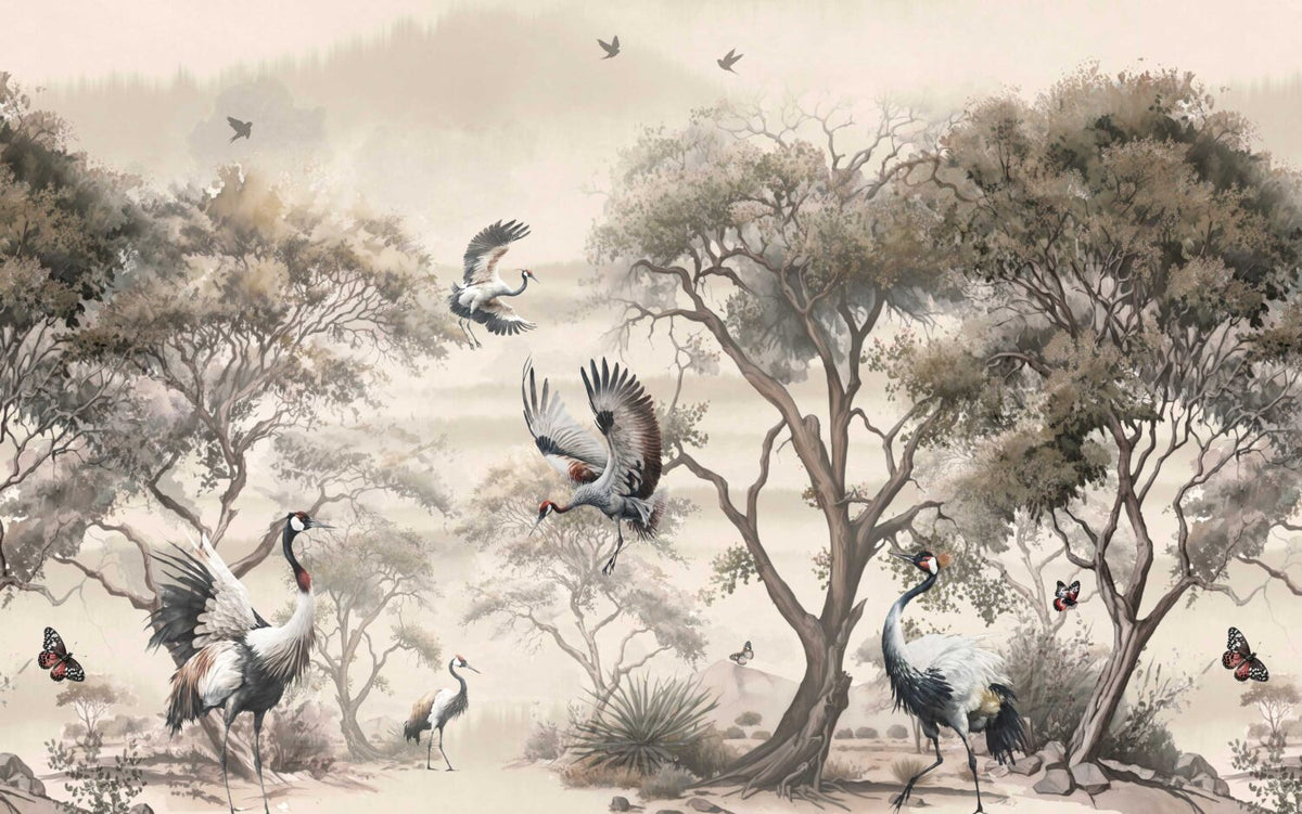 Crane Forest Wallpaper : Sepia Chinoiserie Trees and Birds Mural - flat design
