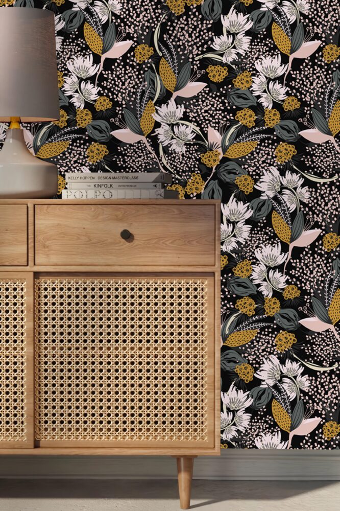 Retro Botanical Wallpaper : Mustard and White Flowers on Black Pattern Mural - View 2