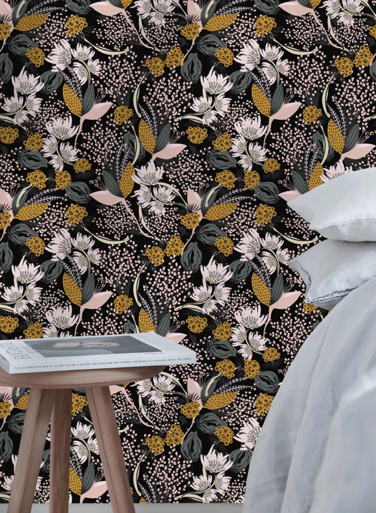 Retro Botanical Wallpaper : Mustard and White Flowers on Black Pattern Mural - View 3