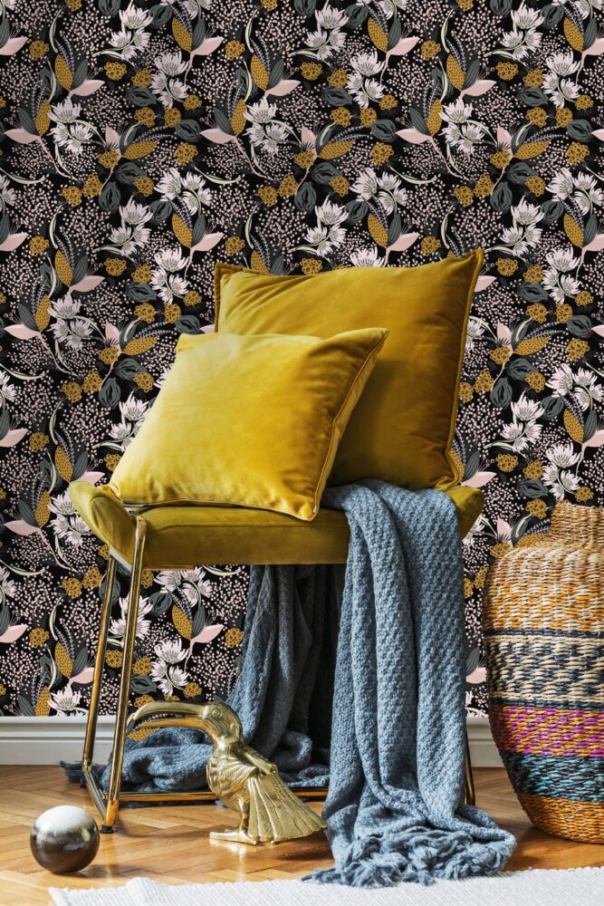 Retro Botanical Wallpaper : Mustard and White Flowers on Black Pattern Mural - View 4