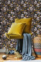 Retro Botanical Wallpaper : Mustard and White Flowers on Black Pattern Mural - View 4