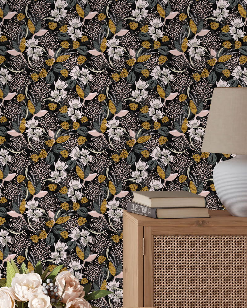 Retro Botanical Wallpaper : Mustard and White Flowers on Black Pattern Mural - View 5