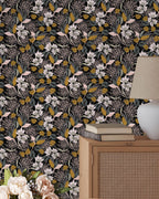 Retro Botanical Wallpaper : Mustard and White Flowers on Black Pattern Mural - View 5