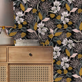 Retro Botanical Wallpaper : Mustard and White Flowers on Black Pattern Mural