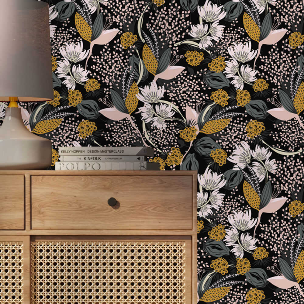 Retro Botanical Wallpaper : Mustard and White Flowers on Black Pattern Mural